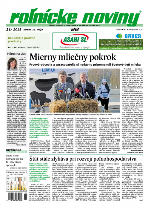 Obálka titulu Rolnické noviny  - vydanie č. 21/2018