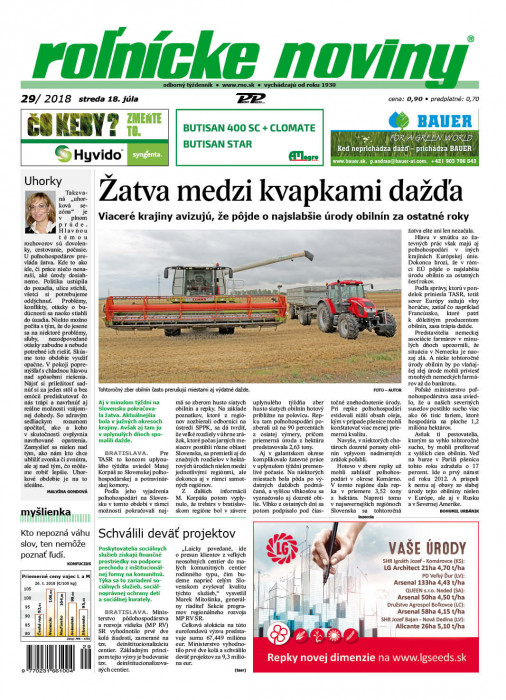 Obálka titulu Rolnické noviny  - vydanie č. 29/2018