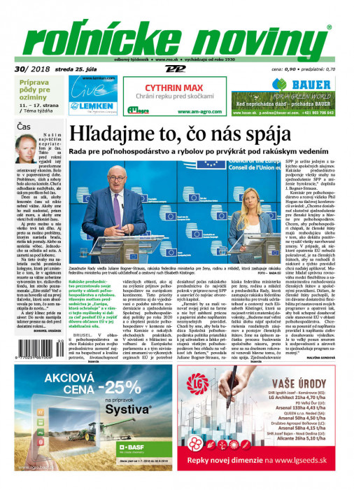 Obálka titulu Rolnické noviny  - vydanie č. 30/2018