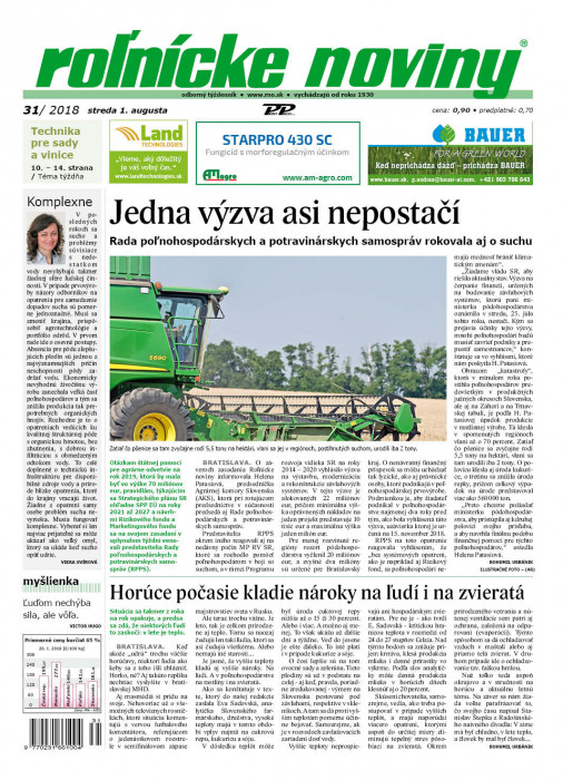 Obálka titulu Rolnické noviny  - vydanie č. 31/2018