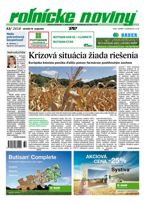 Obálka titulu Rolnické noviny  - vydanie č. 32/2018