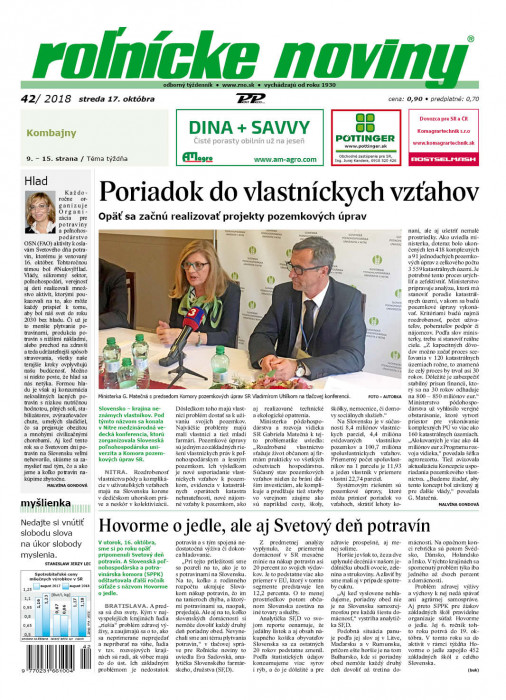 Obálka titulu Rolnické noviny  - vydanie č. 42/2018