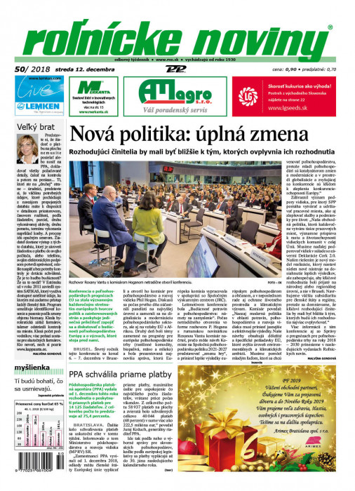 Obálka titulu Rolnické noviny  - vydanie č. 50/2018
