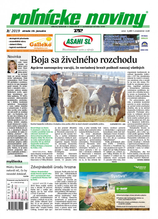 Obálka titulu Rolnické noviny  - vydanie č. 3/2019