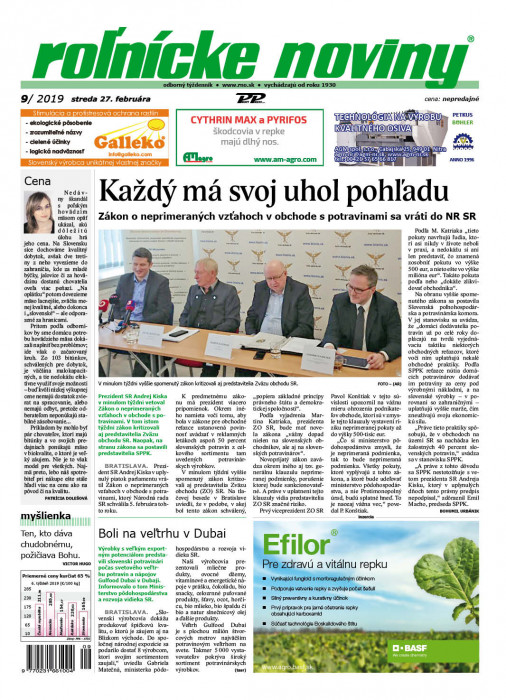 Obálka titulu Rolnické noviny  - vydanie č. 9/2019
