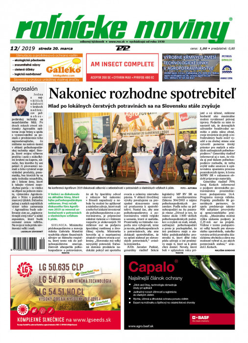 Obálka titulu Rolnické noviny  - vydanie č. 12/2019