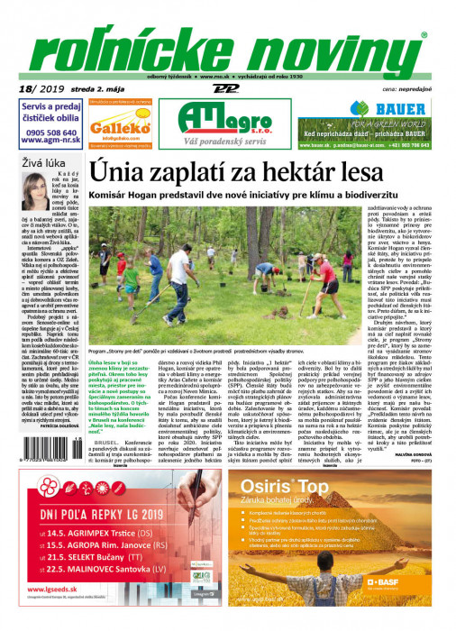 Obálka titulu Rolnické noviny  - vydanie č. 18/2019