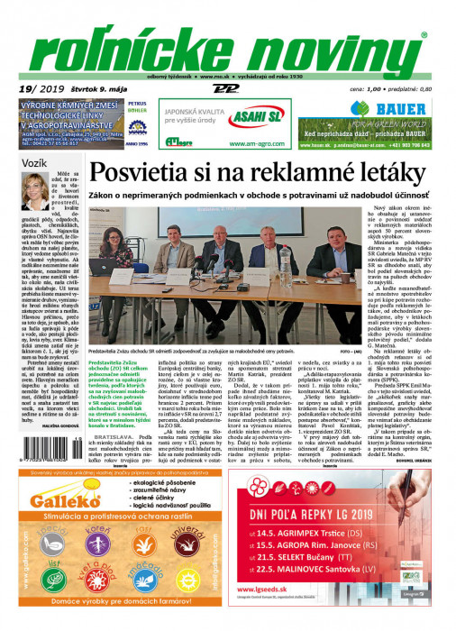 Obálka titulu Rolnické noviny  - vydanie č. 19/2019