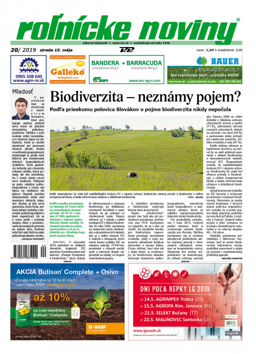 Obálka titulu Rolnické noviny  - vydanie č. 20/2019