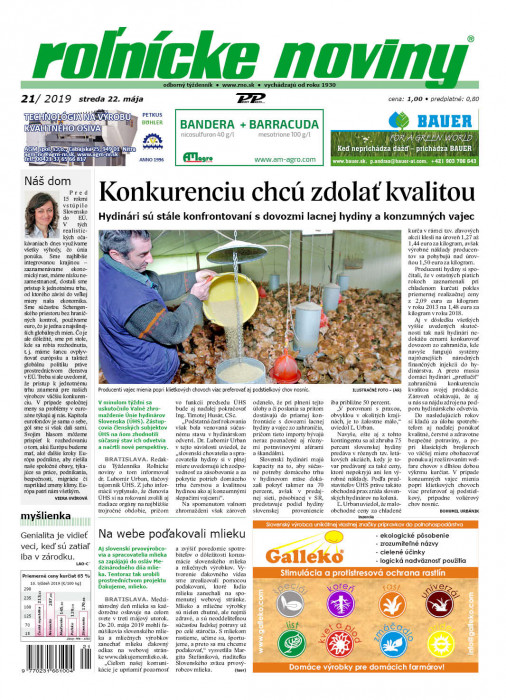 Obálka titulu Rolnické noviny  - vydanie č. 21/2019