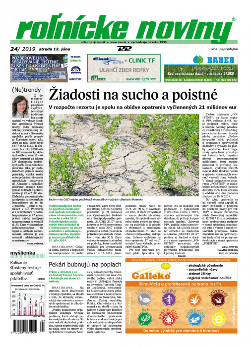 Obálka titulu Rolnické noviny  - vydanie č. 24/2019