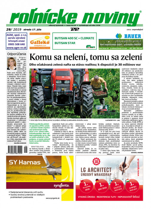 Obálka titulu Rolnické noviny  - vydanie č. 29/2019