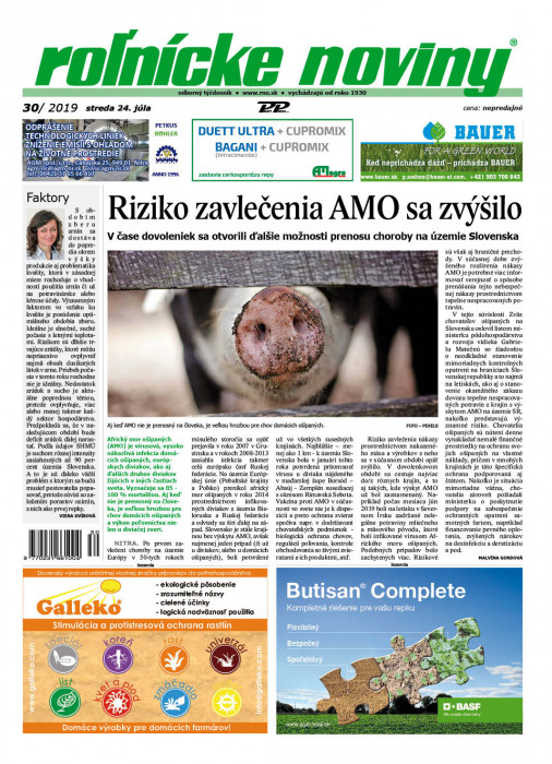Obálka titulu Rolnické noviny  - vydanie č. 30/2019