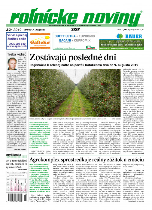 Obálka titulu Rolnické noviny  - vydanie č. 32/2019