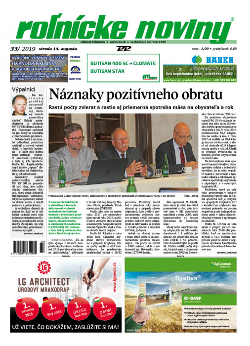 Obálka titulu Rolnické noviny  - vydanie č. 33/2019