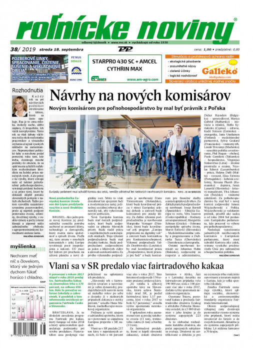 Obálka titulu Rolnické noviny  - vydanie č. 38/2019