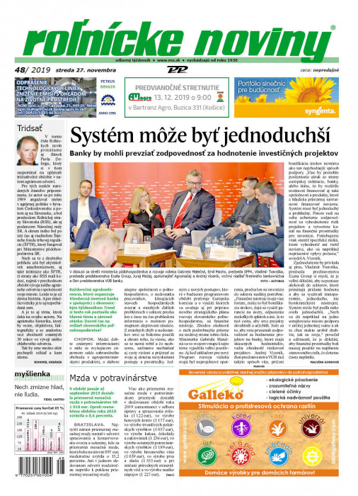 Obálka titulu Rolnické noviny  - vydanie č. 48/2019