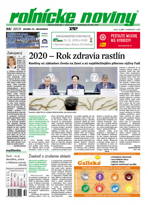 Obálka titulu Rolnické noviny  - vydanie č. 50/2019