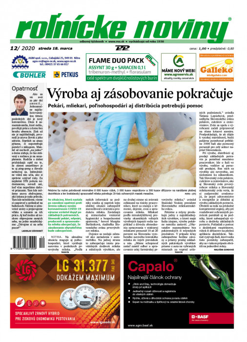 Obálka titulu Rolnické noviny  - vydanie č. 12/2020