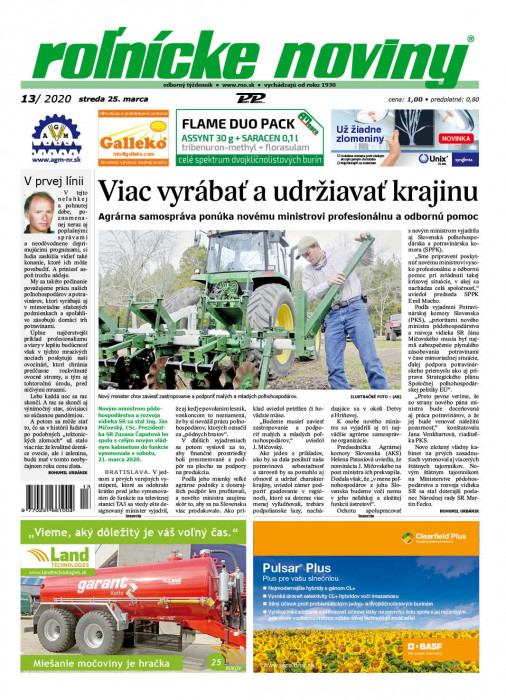 Obálka titulu Rolnické noviny  - vydanie č. 13/2020
