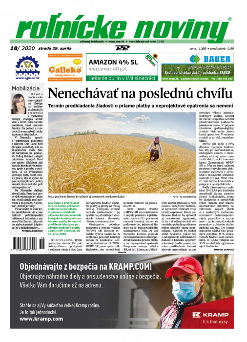 Obálka titulu Rolnické noviny  - vydanie č. 18/2020
