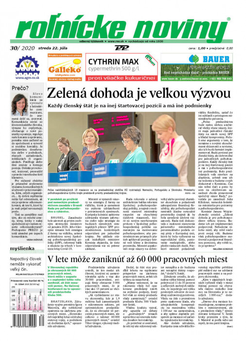 Obálka titulu Rolnické noviny  - vydanie č. 30/2020
