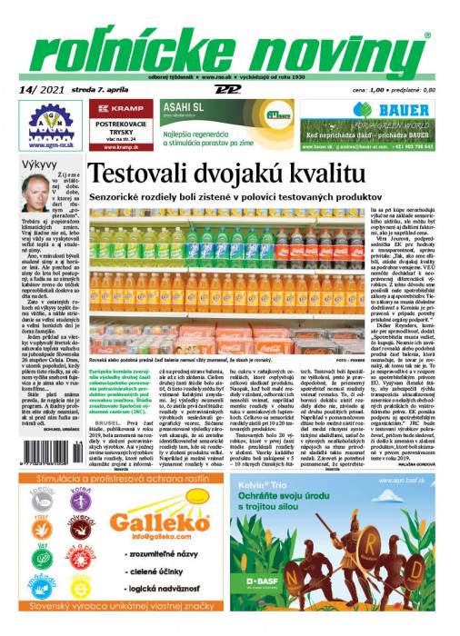 Obálka titulu Rolnické noviny  - vydanie č. 14/2021