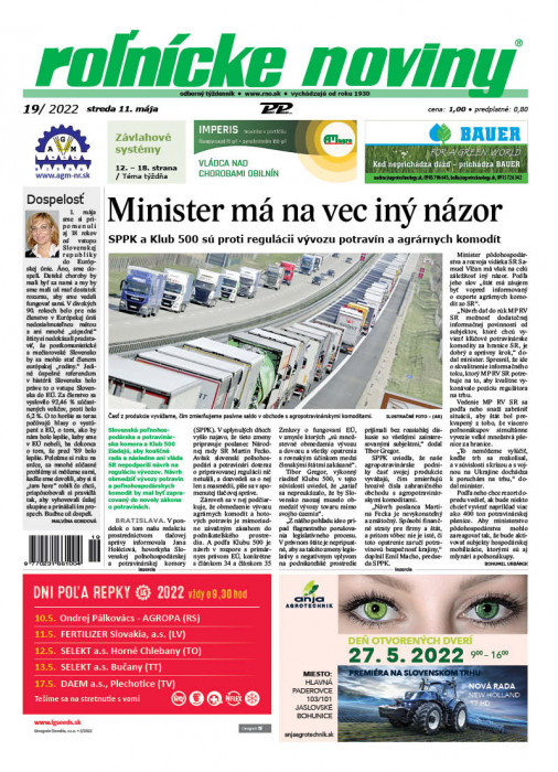 Obálka titulu Rolnické noviny  - vydanie č. 19/2022