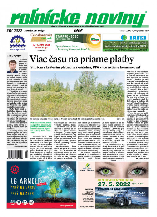 Obálka titulu Rolnické noviny  - vydanie č. 20/2022
