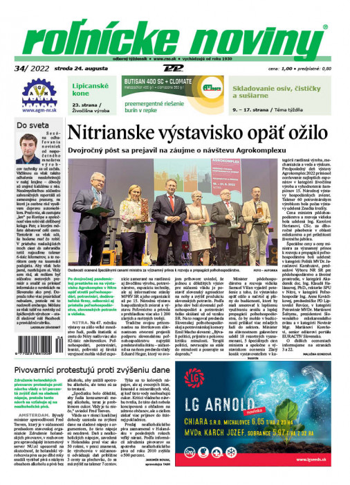 Obálka titulu Rolnické noviny  - vydanie č. 34/2022