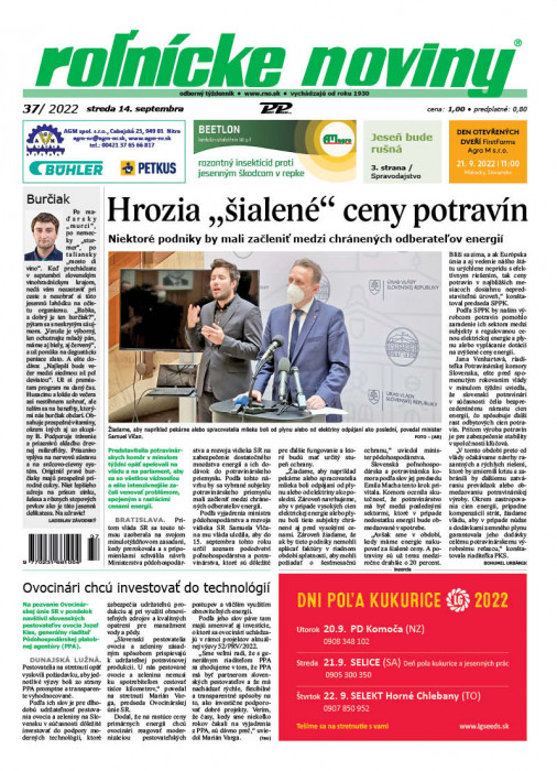 Obálka titulu Rolnické noviny  - vydanie č. 37/2022