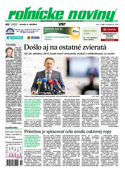 Obálka titulu Rolnické noviny  - vydanie č. 40/2022