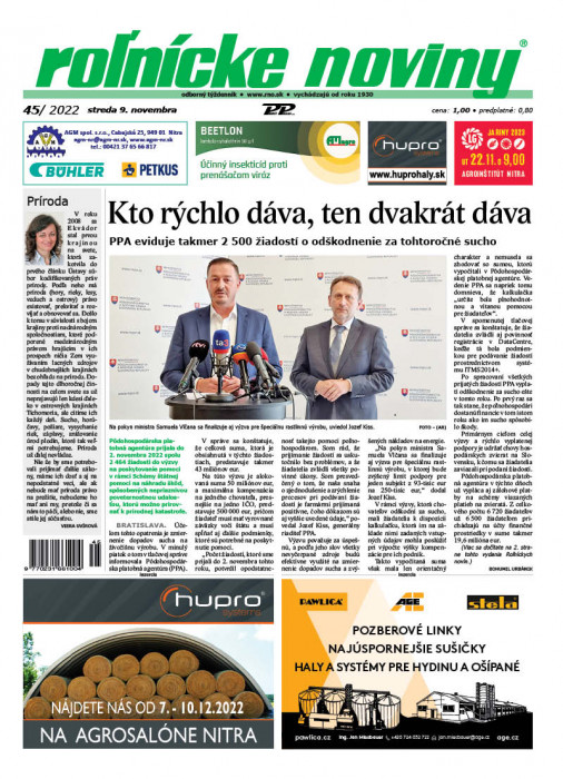 Obálka titulu Rolnické noviny  - vydanie č. 45/2022