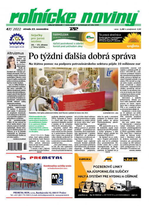 Obálka titulu Rolnické noviny  - vydanie č. 47/2022