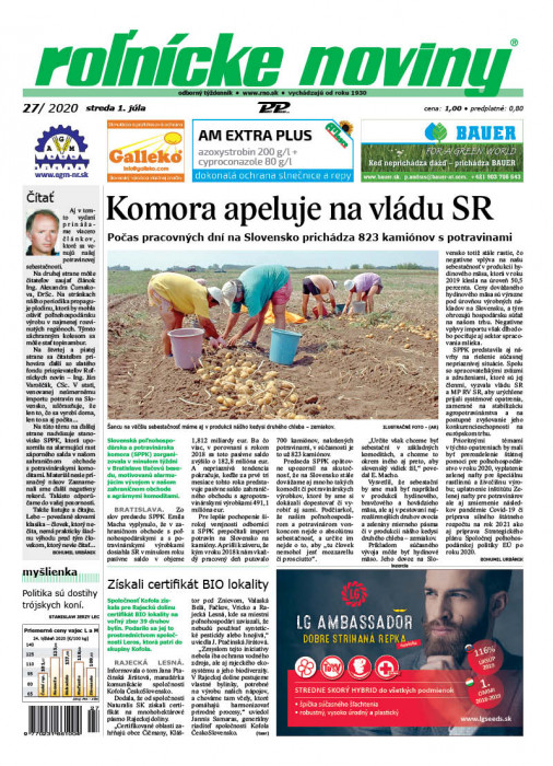 Obálka titulu Rolnické noviny - vydanie č. 27/2020
