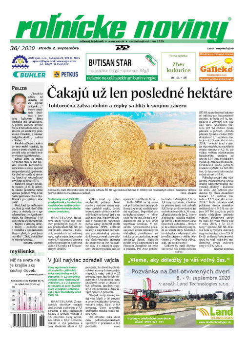Obálka titulu Rolnické noviny - vydanie č. 36/2020