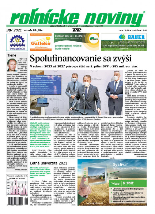 Obálka titulu Rolnické noviny - vydanie č. 30/2021