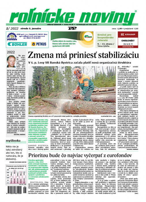 Obálka titulu Rolnické noviny - vydanie č. 1/2022