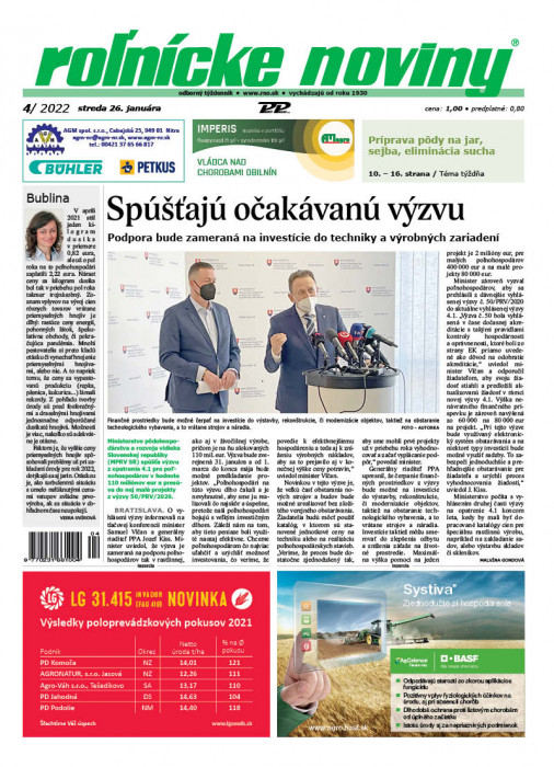 Obálka titulu Rolnické noviny - vydanie č. 4/2022
