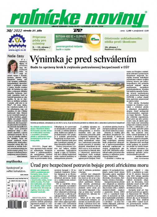 Obálka titulu Rolnické noviny - vydanie č. 30/2022