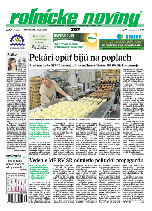 Obálka titulu Rolnické noviny - vydanie č. 35/2022