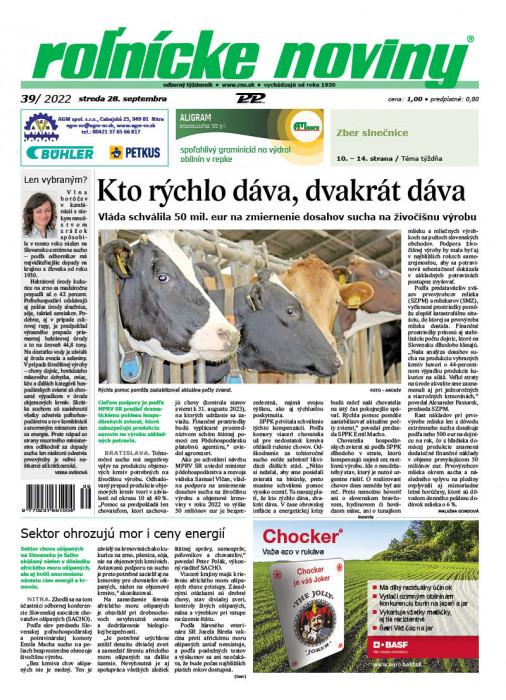 Obálka titulu Rolnické noviny - vydanie č. 39/2022