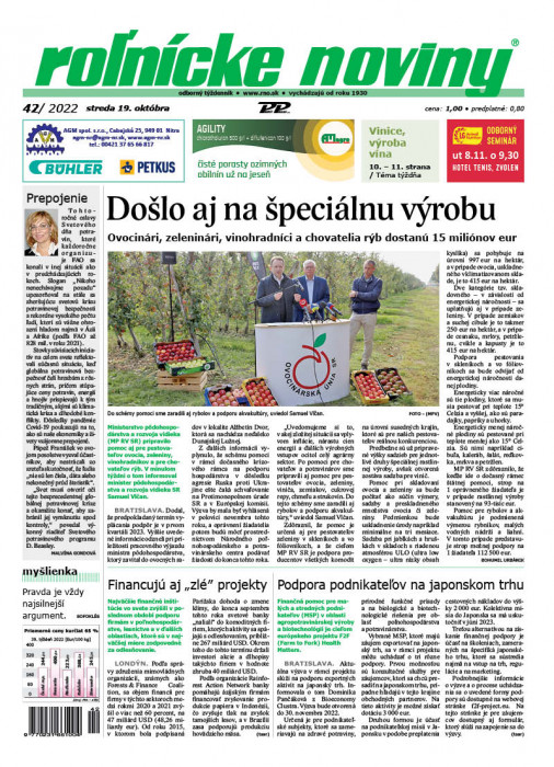 Obálka titulu Rolnické noviny - vydanie č. 42/2022