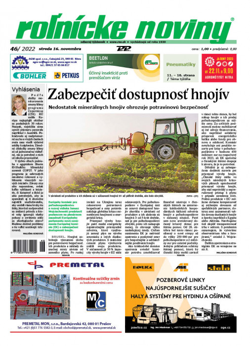 Obálka titulu Rolnické noviny - vydanie č. 46/2022